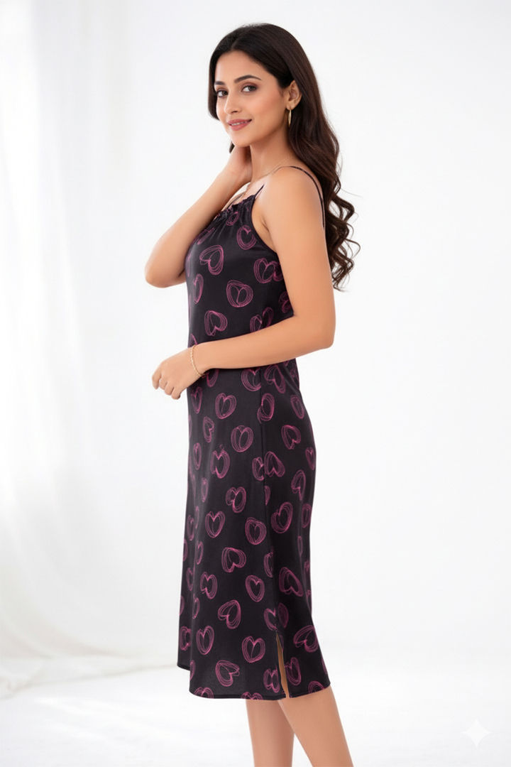 Zivame Satin Hearts Mid Length Nightdress - Black Beauty — image 2